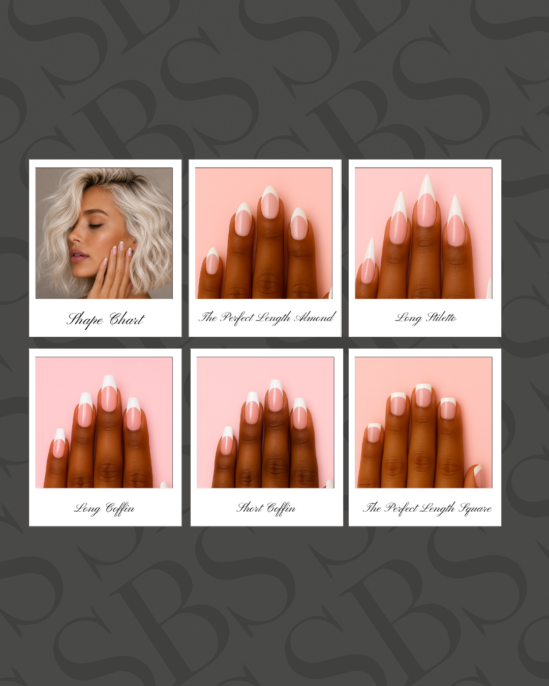 Nail shape chart with a woman's face and multiple hand shots on a dark background.