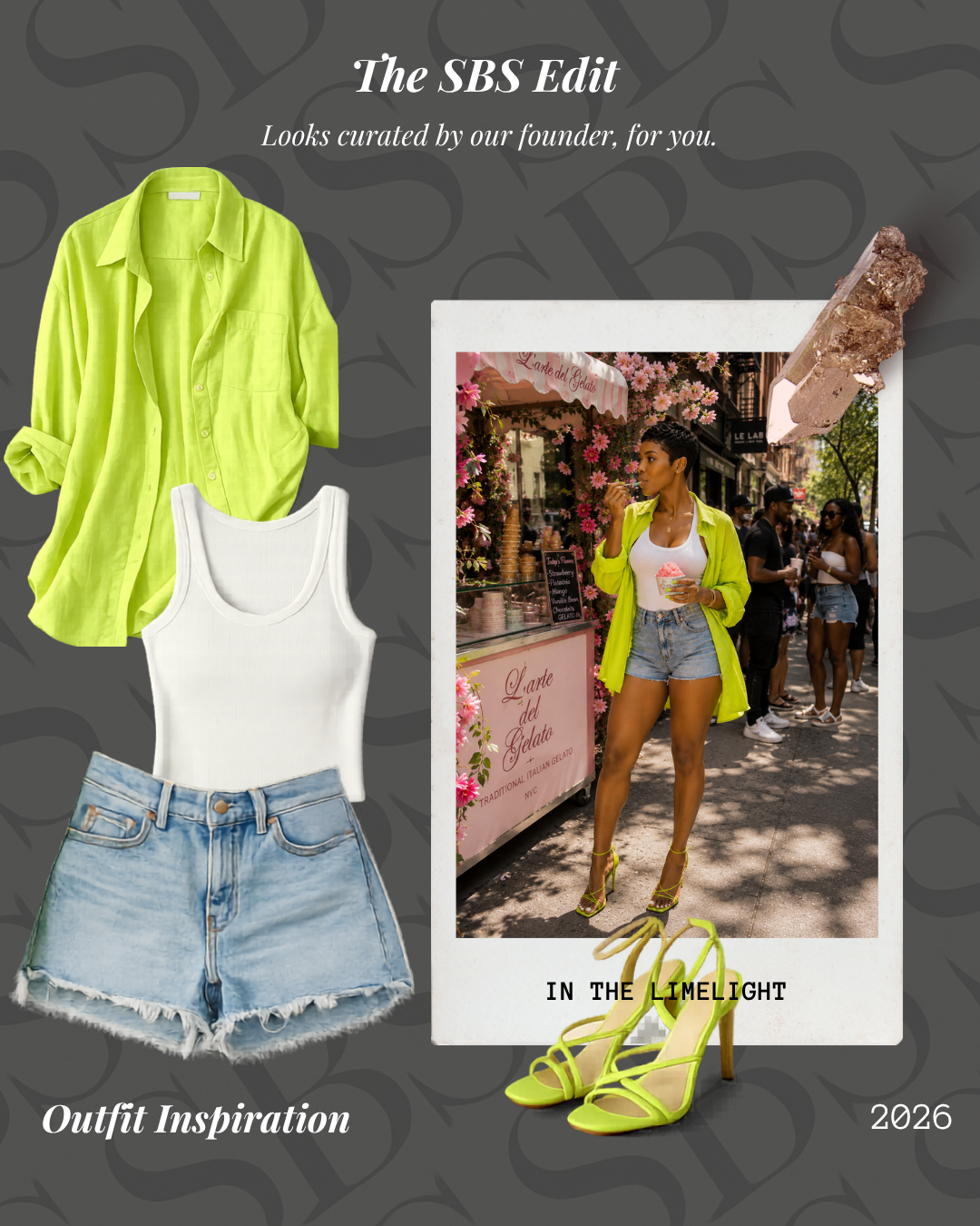 Outfit with lime green shirt, white tank top, denim shorts, and yellow heels on a dark background with 'The SBS Edit' branding.