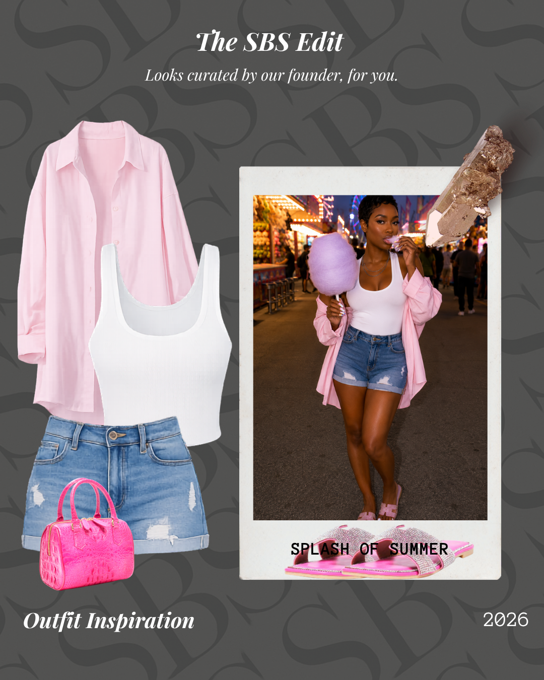 Outfit inspiration collage with pink jacket, white top, denim shorts, and pink handbag on a dark background.