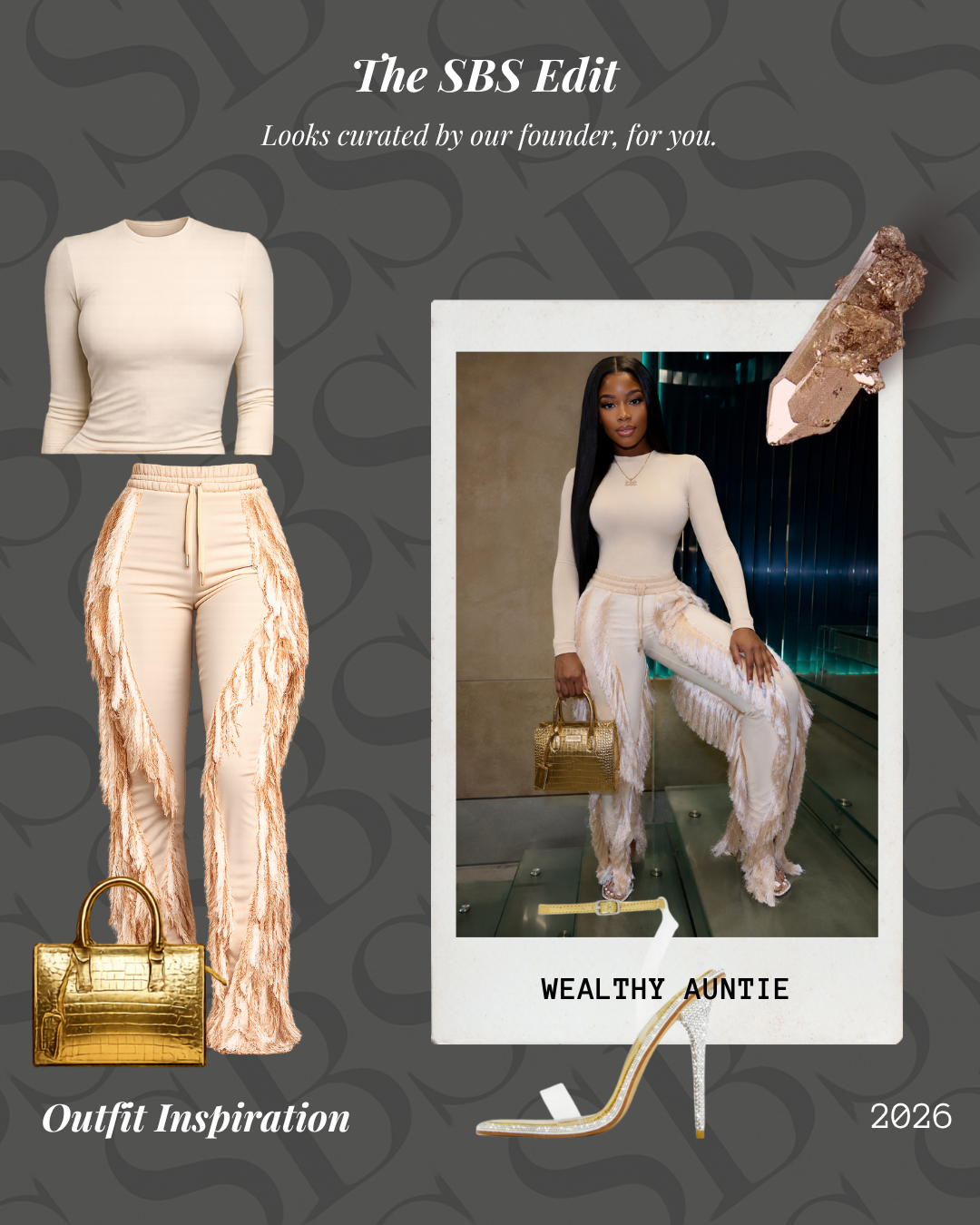 Outfit inspiration collage with a top, pants, handbag, and high heels on a dark background with 'The SBS Edit' branding.