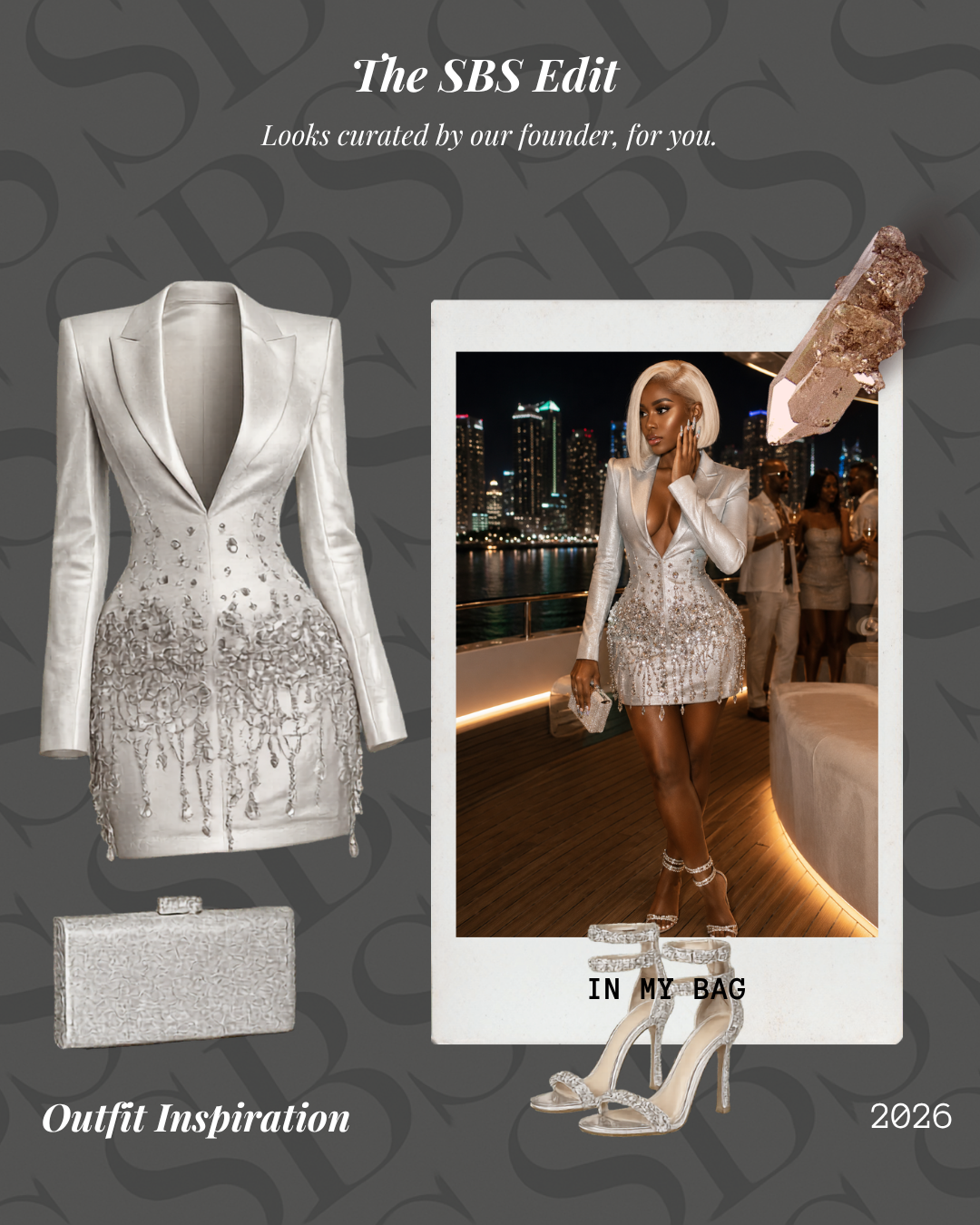 Silver outfit with jacket, dress, heels, and clutch on a dark background with 'The SBS Edit' branding.