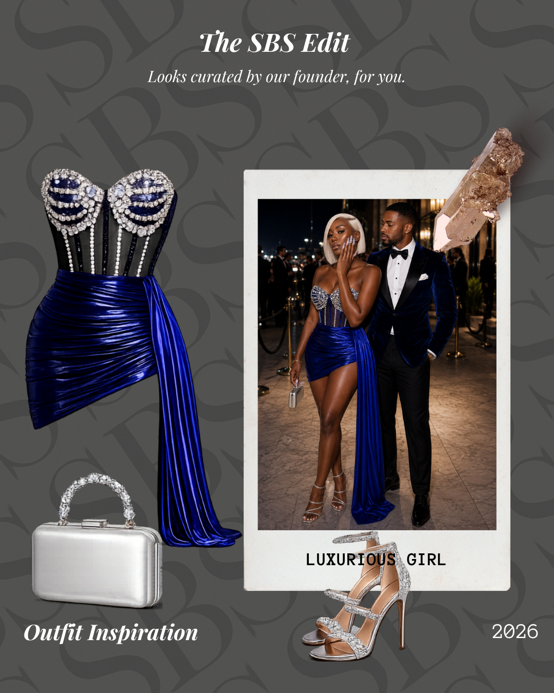 Blue evening gown with silver accessories on a dark background with 'The SBS Edit' branding.