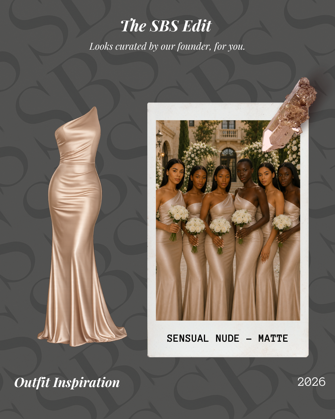 Sensual nude matte gown with a photo of women in matching dresses and bouquets on a dark background.