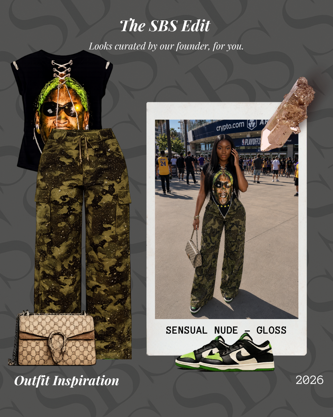 Outfit inspiration collage with camouflage pants, black t-shirt, handbag, and sneakers on a gray background.
