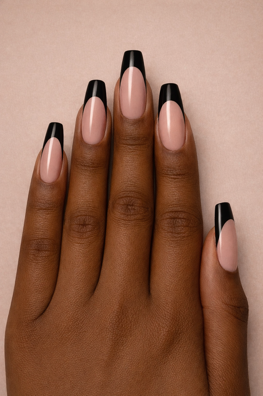ShadedbyShanell Essential French Tips | NATURAL NUDE FILL | 30 NAILS PRESS-ON SET | BLACK Collection
