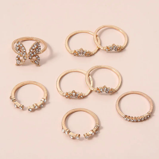 Butterfly Mami 8 Piece Midi Ring Set | Gold