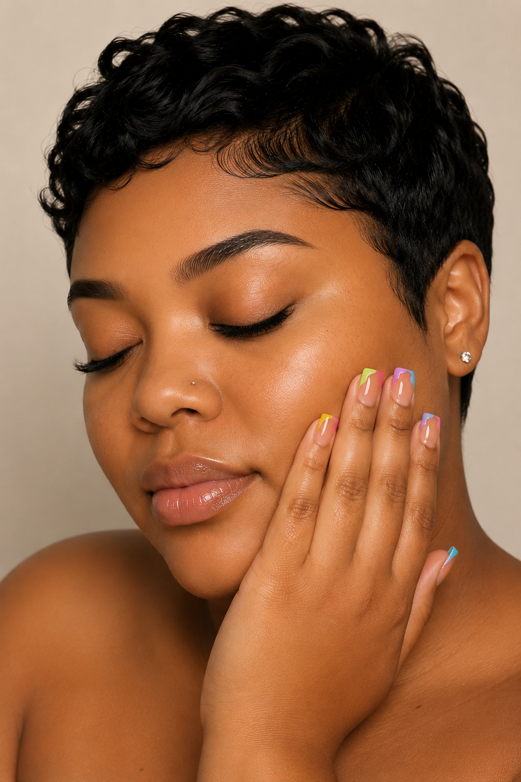 Woman with short black hair and colorful nails touching her face against a neutral background