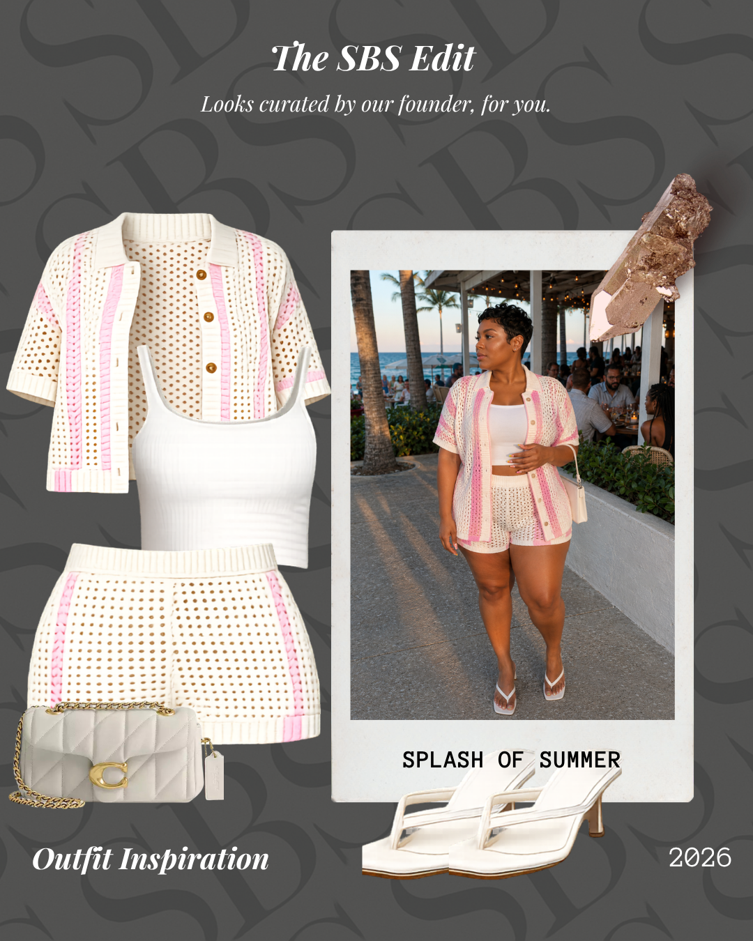 Outfit inspiration with a woman in a pink and white outfit, palm trees, and 'SBS Edit' branding.