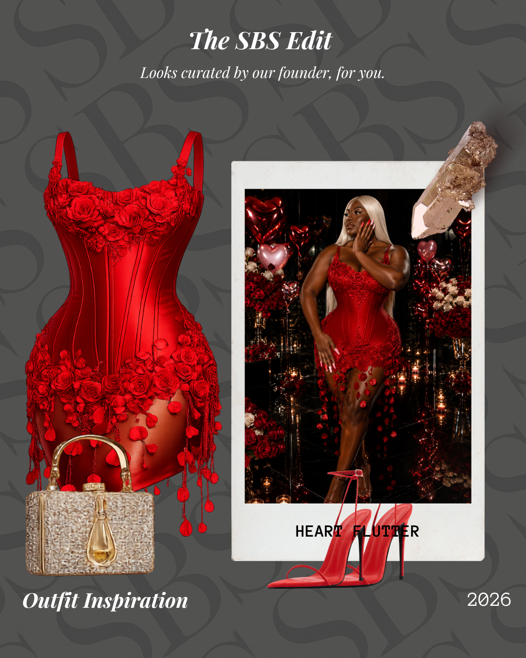 Red floral dress with matching handbag and high heels, styled with a model photo, on a dark background.