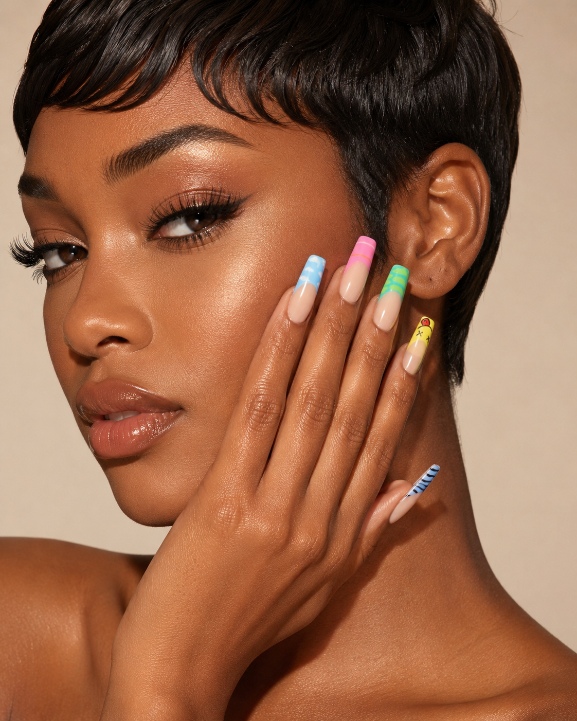 Woman with colorful ShadedbyShanell colorful french tips on a neutral background