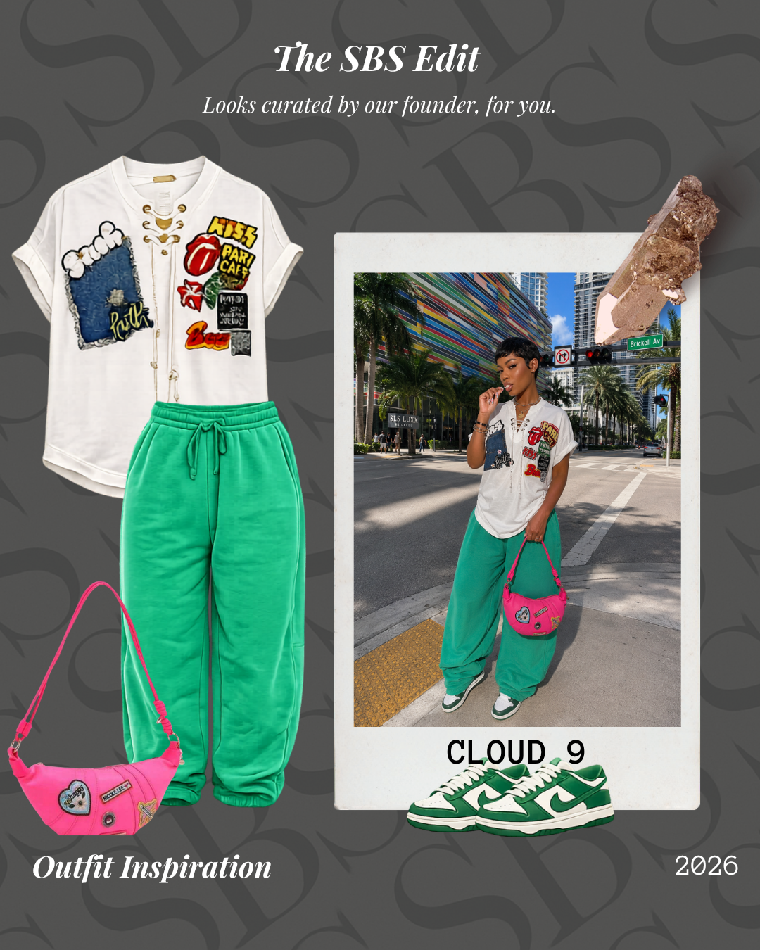 Outfit with white graphic t-shirt, green pants, pink bag, and green sneakers on a dark background with 'The SBS Edit' branding.