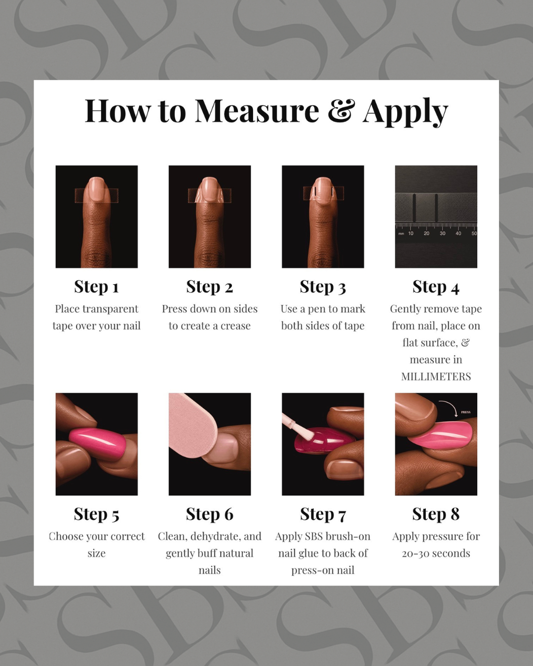 Step-by-step guide on how to measure and apply ShadedbyShanell nail products with visual instructions.