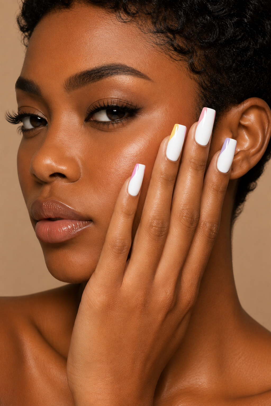 Woman with colorful french tip press-on nails on a beige background