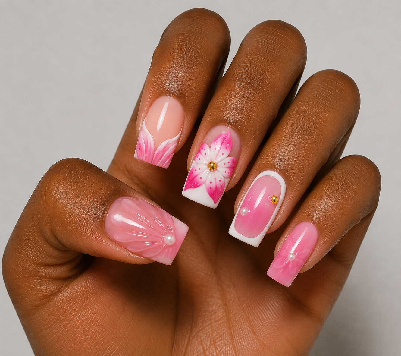 Hand wearing floral french tups with ombre design on a light background.